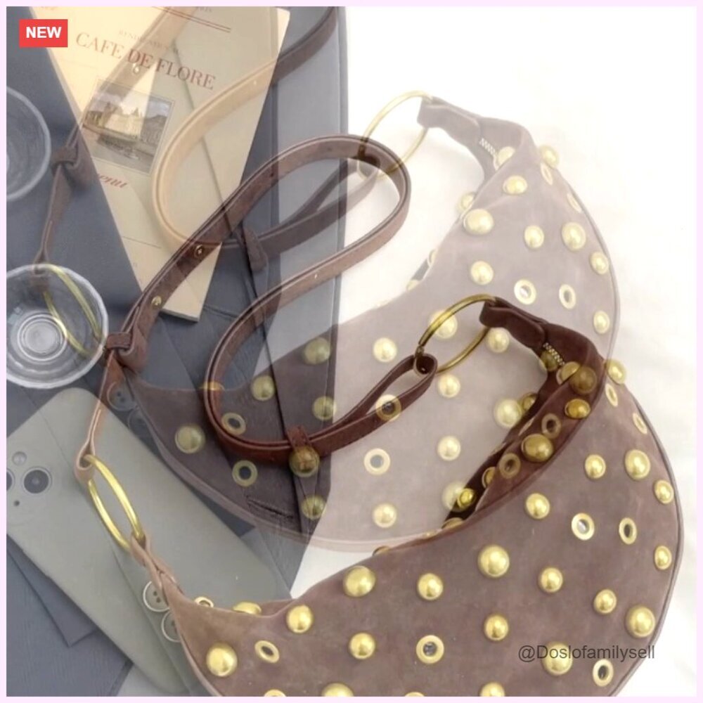 Studded Hobo Bag Faux Suede Y2K Trendy Shoulder Crossbody Purse Adjustable Strap - Picture 7 of 7